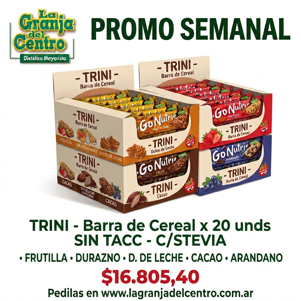 Ofertas y Promociones TRINI - Barra de Cereal Durazno x 20 unds  SIN TACC - C/STEVIA promo semanal
